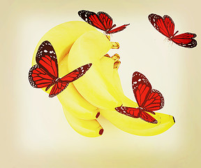 Image showing Red butterflys on a bananas. 3D illustration. Vintage style.