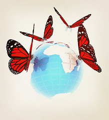 Image showing Red butterfly on a abstract blue earth . 3D illustration. Vintag