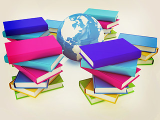 Image showing Colorful books and earth. 3D illustration. Vintage style.