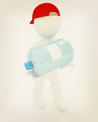 Image showing 3d man carrying a water bottle with clean blue water . 3D illust
