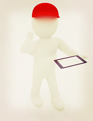 Image showing 3d white man in a red peaked cap with thumb up and tablet pc . 3