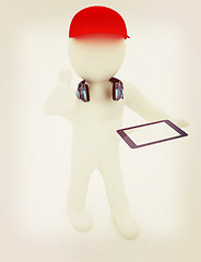 Image showing 3d white man in a red peaked cap with thumb up, tablet pc and he