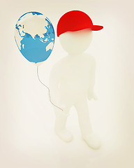 Image showing 3d man keeps balloon of earth. Global holiday . 3D illustration.