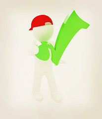 Image showing 3d man in a red peaked cap with thumb up and a huge tick. 3D ill