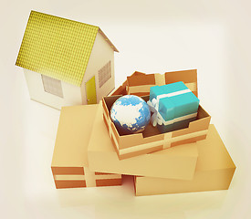 Image showing Cardboard boxes, gifts, earth and houses . 3D illustration. Vint