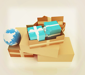 Image showing Cardboard boxes, gifts and earth . 3D illustration. Vintage styl