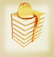 Image showing Stack of leather technical book with belt and hard hat. 3D illus