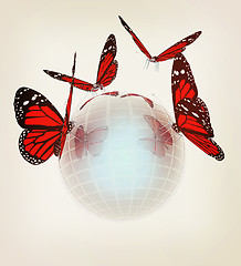 Image showing Red butterfly on abstract 3d sphere with blue mosaic design . 3D