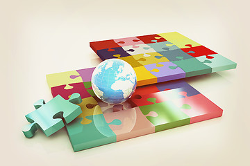 Image showing Puzzles and earth. 3D illustration. Vintage style.