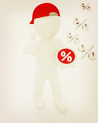 Image showing Best percent! 3d man in a red peaked cap keeps the most benefici