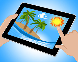 Image showing Tropical Island Tablet Shows Exotic Beach 3d Illustration