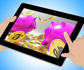 Image showing Pound Coins Piggybanks Shows British Currency 3d Illustration