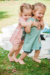 Image showing The two little baby girls playing against green grass