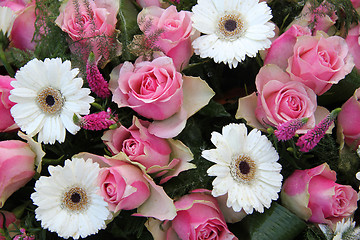 Image showing Pink roses, white gerberas in bridal arrangement