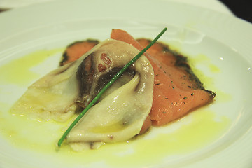 Image showing Sword fish with smoked salmon