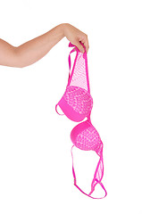 Image showing A hand holding a pink bra.