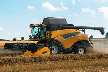 Image showing Yellov harvester on field harvesting gold wheat