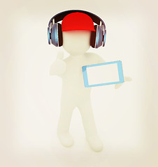 Image showing 3d white man in a red peaked cap with thumb up, tablet pc and he