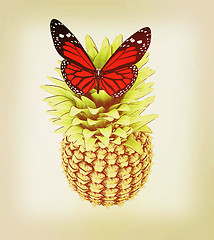 Image showing Red butterflys on a pineapple. 3D illustration. Vintage style.