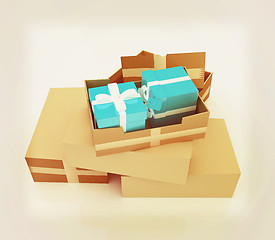 Image showing Cardboard boxes, gifts and earth . 3D illustration. Vintage styl