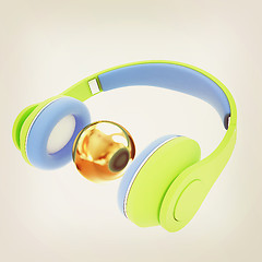 Image showing 3d icon of colorful headphones and gold ball. 3D illustration. V