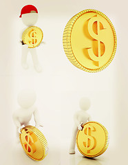 Image showing Set of 3d small man with gold dollar coin . 3D illustration. Vin