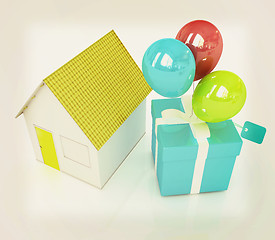 Image showing House with gift and ballons . 3D illustration. Vintage style.