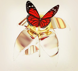 Image showing Red butterflys on a chrome flower with a gold head. 3D illustrat
