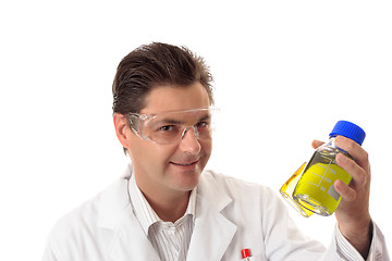Image showing Scientist with lab bottles