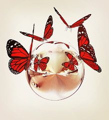 Image showing Red butterfly on a chrome reflective sphere. 3D illustration. Vi