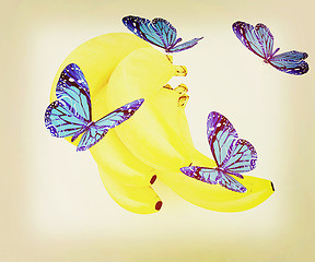 Image showing Blue butterflys on a bananas. 3D illustration. Vintage style.