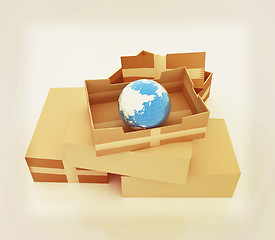 Image showing Cardboard boxes and earth . 3D illustration. Vintage style.