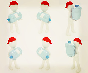 Image showing Set of 3d man carrying a water bottle with clean blue water . 3D