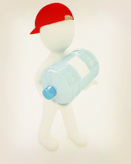 Image showing 3d man carrying a water bottle with clean blue water . 3D illust