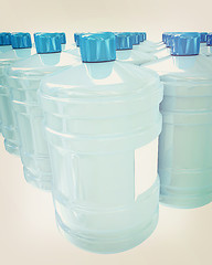 Image showing Bottles with clean blue water . 3D illustration. Vintage style.