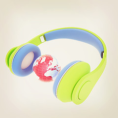 Image showing 3d icon of colorful headphones and earth. 3D illustration. Vinta