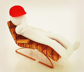 Image showing 3d white man lying wooden chair with thumb up. 3D illustration. 