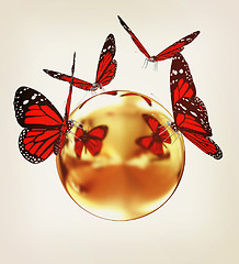 Image showing Red butterfly on a abstract 3d gold sphere . 3D illustration. Vi