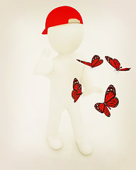 Image showing 3d man in a red peaked cap with thumb up and butterflies. 3D ill