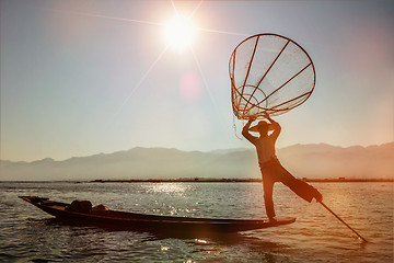 Image showing  Traditional Burmese fisherman at Inle lake, Myanmar