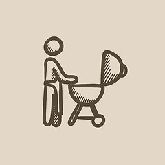 Image showing Man at barbecue grill sketch icon.