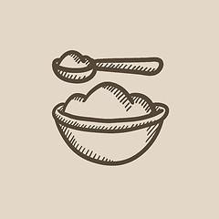 Image showing Baby spoon and bowl full of meal sketch icon.