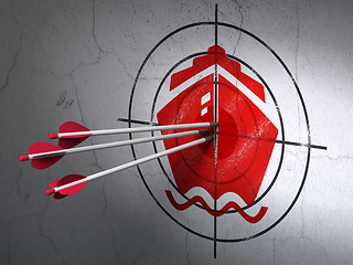 Image showing Tourism concept: arrows in Ship target on wall background