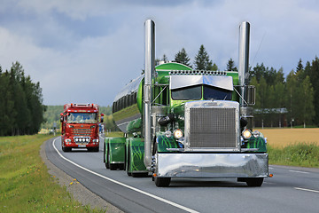 Image showing Green Peterbilt 359 Tank Truck in Truck Convoy