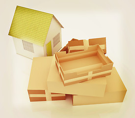 Image showing Cardboard boxes and house . 3D illustration. Vintage style.