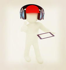 Image showing 3d white man in a red peaked cap with thumb up, tablet pc and he