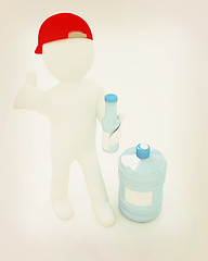 Image showing 3d man with a water bottle with clean blue water. 3D illustratio