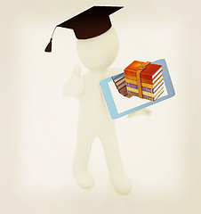 Image showing 3d white man in a grad hat with thumb up,books and tablet pc - b