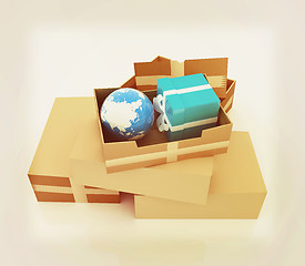 Image showing Cardboard boxes, gifts and earth . 3D illustration. Vintage styl