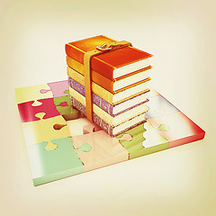 Image showing Puzzle and books . 3D illustration. Vintage style.